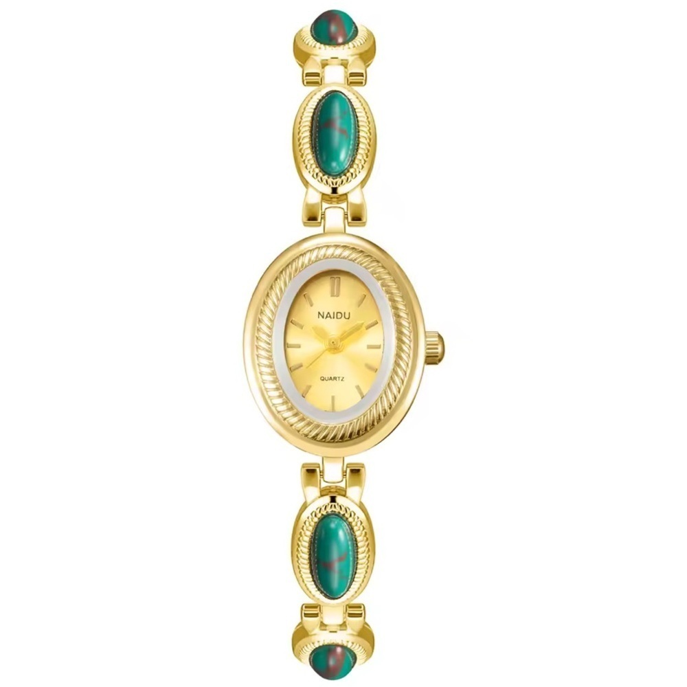 Vintage Green Turquoise Oval Gold Bracelet Watch